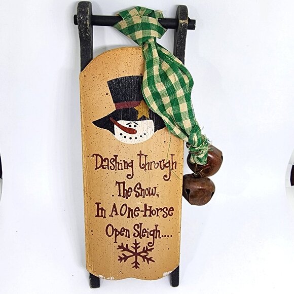 Snowman Wood Sled w Bells Country Cottage Farmhouse Christmas Holiday Ornament - Picture 7 of 8